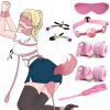pink bdsm Game, 6 sets,  Handcuff, gag eye mask, Constume nipple clamps, whip