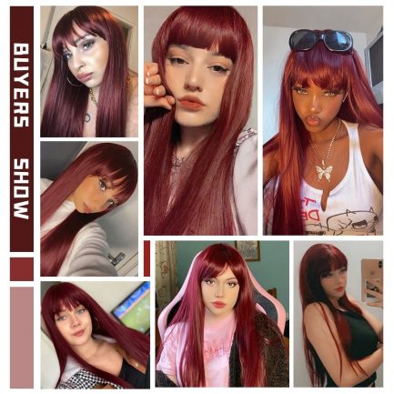 Long Straight Wine Red Wig With Bangs Synthetic Hair