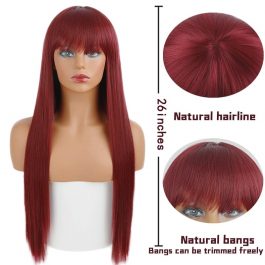 Long Straight Wine Red Wig With Bangs Synthetic Hair
