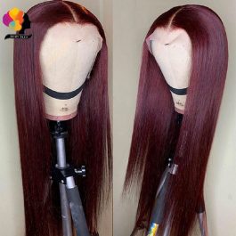 Straight Hair 13X1 Lace Front Wig, Human Hair  99J Red
