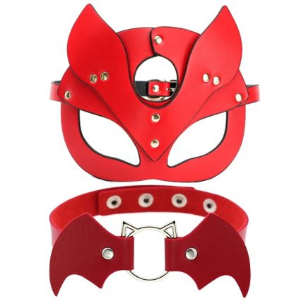 Sexy PU Leather Cat Mask With Collar For Women, Red Bondage  Masquerade Eye Mask