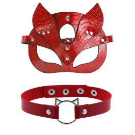 Sexy PU Leather Cat Mask With Collar For Women, Red Bondage  Masquerade Eye Mask