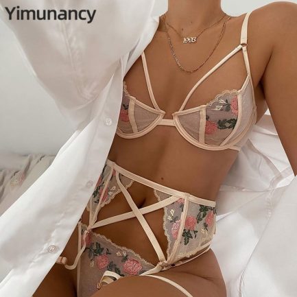 Yimunancy Floral Embrodiery Lace, Lingerie 3 Piece, Sexy Underwear, Women Bra and Panties Sets