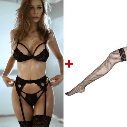 4Pcs Babydoll Lingerie, Sexy Hot Erotic, Open Bra + Garter + Panty + Net Stockings