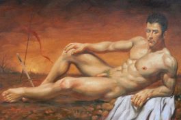 Artist’s high-quality hand-painted oil, painting on canvas: glamorous body art, male nude