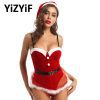 Women Christmas Dress Up Party Lingerie, Adjustable Straps, Red Velvet Bodysuit, Mrs Claus Santa Cosplay