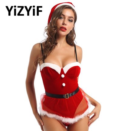 Women Christmas Dress Up Party Lingerie, Adjustable Straps, Red Velvet Bodysuit, Mrs Claus Santa Cosplay